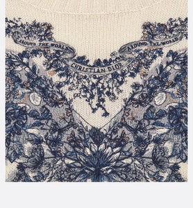 Embroidered Sweater • Ecru Cashmere Knit with Pastel Midnight Blue Butterfly Around The World Motif
