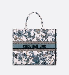 Large Dior Book Tote • White and Pastel Midnight Blue Toile de Jouy Mexico Embroidery (42 x 35 x 18.5 cm)