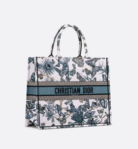 Large Dior Book Tote • White and Pastel Midnight Blue Toile de Jouy Mexico Embroidery (42 x 35 x 18.5 cm)