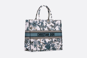 Large Dior Book Tote • White and Pastel Midnight Blue Toile de Jouy Mexico Embroidery (42 x 35 x 18.5 cm)