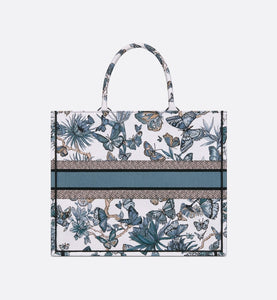 Large Dior Book Tote • White and Pastel Midnight Blue Toile de Jouy Mexico Embroidery (42 x 35 x 18.5 cm)