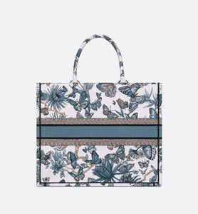 Large Dior Book Tote • White and Pastel Midnight Blue Toile de Jouy Mexico Embroidery (42 x 35 x 18.5 cm)