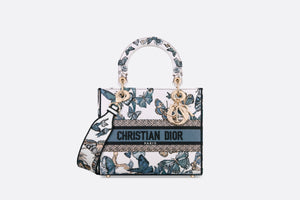 Medium Lady D-Lite Bag • White and Pastel Midnight Blue Toile de Jouy Mexico Embroidery