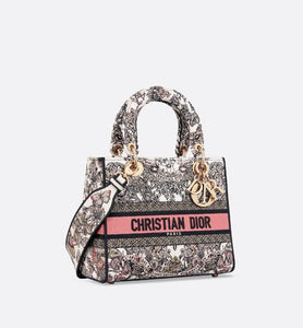 Medium Lady D-Lite Bag • White and Pastel Pink Butterfly Around The World Embroidery