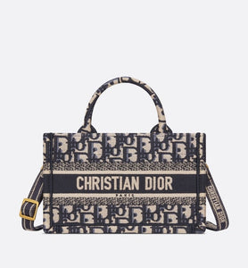 Dior Book Tote Mini Tote with Strap • Blue and Beige Dior Oblique Embroidery (21.5 x 13 x 7.5 cm)