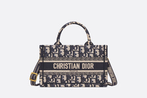 Dior Book Tote Mini Tote with Strap • Blue and Beige Dior Oblique Embroidery (21.5 x 13 x 7.5 cm)