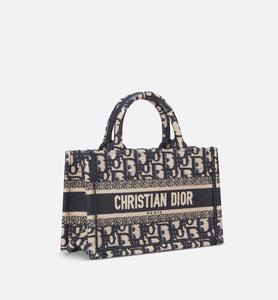 Dior Book Tote Mini Tote with Strap • Blue and Beige Dior Oblique Embroidery (21.5 x 13 x 7.5 cm)