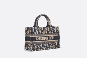 Dior Book Tote Mini Tote with Strap • Blue and Beige Dior Oblique Embroidery (21.5 x 13 x 7.5 cm)