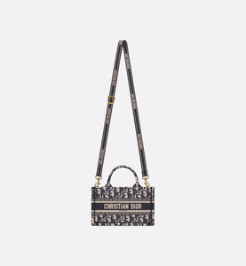 Dior Book Tote Mini Tote with Strap • Blue and Beige Dior Oblique Embroidery (21.5 x 13 x 7.5 cm)