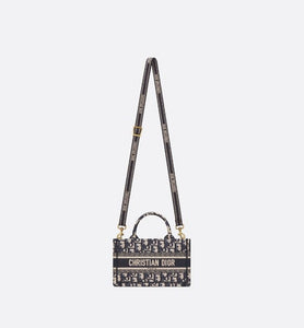Dior Book Tote Mini Tote with Strap • Blue and Beige Dior Oblique Embroidery (21.5 x 13 x 7.5 cm)