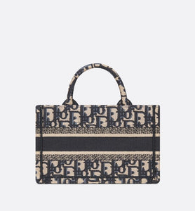 Dior Book Tote Mini Tote with Strap • Blue and Beige Dior Oblique Embroidery (21.5 x 13 x 7.5 cm)