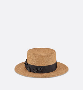 Diorodeo Small Brim Hat • Natural Straw and Black Smooth Calfskin with Three-Dimensional Flowers
