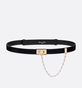 Dior Caro Belt • Black Smooth Calfskin and White Glass Pearls, 20 MM