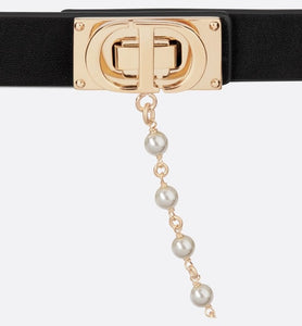 Dior Caro Belt • Black Smooth Calfskin and White Glass Pearls, 20 MM