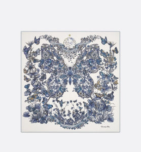 Butterfly Around the World 90 Square Scarf • White and Pastel Midnight Blue Silk Twill
