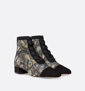 Naughtily-D Ankle Boot • Black Multicolor Transparent Mesh Embroidered with Butterfly Motif and Black Suede Calfskin