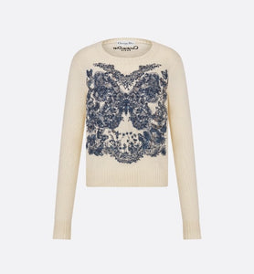 Embroidered Sweater • Ecru Cashmere Knit with Pastel Midnight Blue Butterfly Around The World Motif