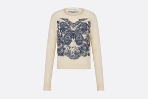 Embroidered Sweater • Ecru Cashmere Knit with Pastel Midnight Blue Butterfly Around The World Motif