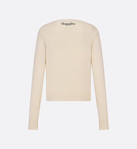 Embroidered Sweater • Ecru Cashmere Knit with Pastel Midnight Blue Butterfly Around The World Motif