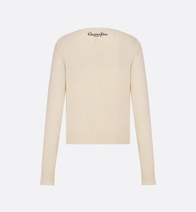 Embroidered Sweater • Ecru Cashmere Knit with Pastel Midnight Blue Butterfly Around The World Motif