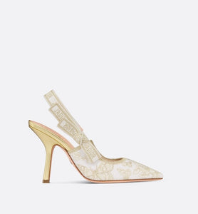 J'Adior Slingback Pump • White and Gold-Tone Toile de Jouy Mexico Embroidered Cotton with Metallic Thread