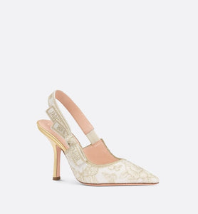J'Adior Slingback Pump • White and Gold-Tone Toile de Jouy Mexico Embroidered Cotton with Metallic Thread