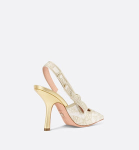 J'Adior Slingback Pump • White and Gold-Tone Toile de Jouy Mexico Embroidered Cotton with Metallic Thread