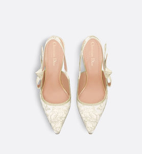 J'Adior Slingback Pump • White and Gold-Tone Toile de Jouy Mexico Embroidered Cotton with Metallic Thread