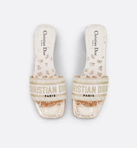 Dway Heeled Slide • White and Gold-Tone Gradient Butterflies Embroidered Cotton with Metallic Thread