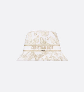 D-Bobby Toile de Jouy Mexico Small Brim Bucket Hat • White and Gold-Tone Embroidery