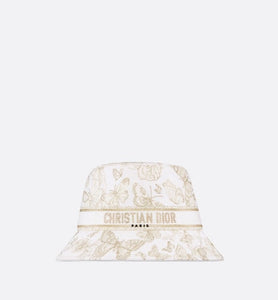 D-Bobby Toile de Jouy Mexico Small Brim Bucket Hat • White and Gold-Tone Embroidery