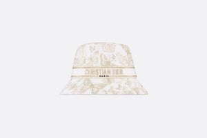 D-Bobby Toile de Jouy Mexico Small Brim Bucket Hat • White and Gold-Tone Embroidery
