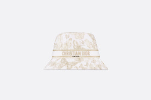 D-Bobby Toile de Jouy Mexico Small Brim Bucket Hat • White and Gold-Tone Embroidery