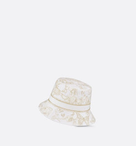 D-Bobby Toile de Jouy Mexico Small Brim Bucket Hat • White and Gold-Tone Embroidery