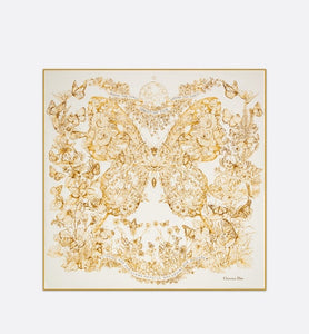Butterfly Around the World 90 Square Scarf • White and Gold-Tone Silk Twill