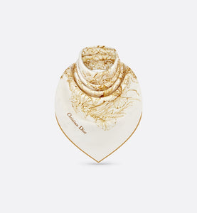 Butterfly Around the World 90 Square Scarf • White and Gold-Tone Silk Twill