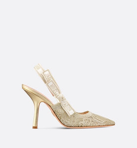 J'Adior Slingback Pump • Transparent Metallic Gold-Tone Embroidered Mesh with Macramé-Effect D-Lace Butterfly Motif