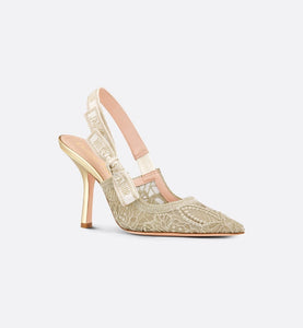 J'Adior Slingback Pump • Transparent Metallic Gold-Tone Embroidered Mesh with Macramé-Effect D-Lace Butterfly Motif