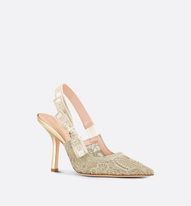 J'Adior Slingback Pump • Transparent Metallic Gold-Tone Embroidered Mesh with Macramé-Effect D-Lace Butterfly Motif