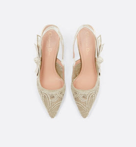 J'Adior Slingback Pump • Transparent Metallic Gold-Tone Embroidered Mesh with Macramé-Effect D-Lace Butterfly Motif