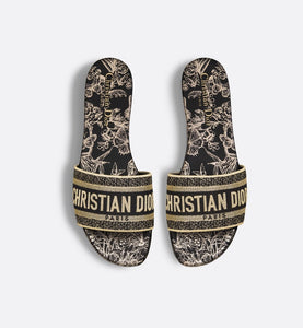 Dway Slide • Black and Gold-Tone Toile de Jouy Mexico Embroidered Cotton with Metallic Thread