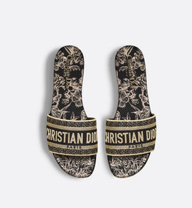 Dway Slide • Black and Gold-Tone Toile de Jouy Mexico Embroidered Cotton with Metallic Thread