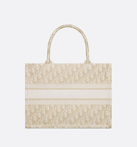 Medium Dior Book Tote • White and Gold-Tone Dior Oblique Embroidery (36 x 27.5 x 16.5 cm)