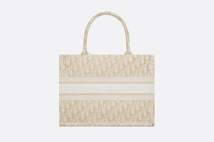Medium Dior Book Tote • White and Gold-Tone Dior Oblique Embroidery (36 x 27.5 x 16.5 cm)