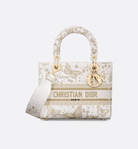 Medium Lady D Lite Bag Gold Tone and White Butterfly Zodiac Embroide Curated Sense