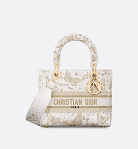 Medium Lady D-Lite Bag • Gold-Tone and White Butterfly Zodiac Embroidery