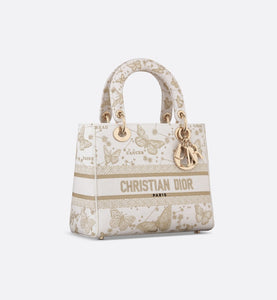 Medium Lady D-Lite Bag • Gold-Tone and White Butterfly Zodiac Embroidery