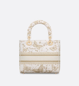 Medium Lady D-Lite Bag • Gold-Tone and White Butterfly Zodiac Embroidery