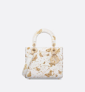 Small Lady Dior Bag • White and Gold-Tone Calfskin with Butterfly Zodiac Print and Embroidery