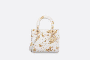 Small Lady Dior Bag • White and Gold-Tone Calfskin with Butterfly Zodiac Print and Embroidery